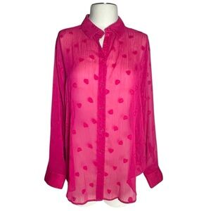 Chico’s hot pink sheer heart print button front long sleeve blouse size 2 (12)